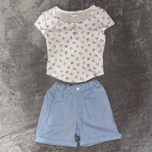 Floral Print Top and Blue Shorts Set